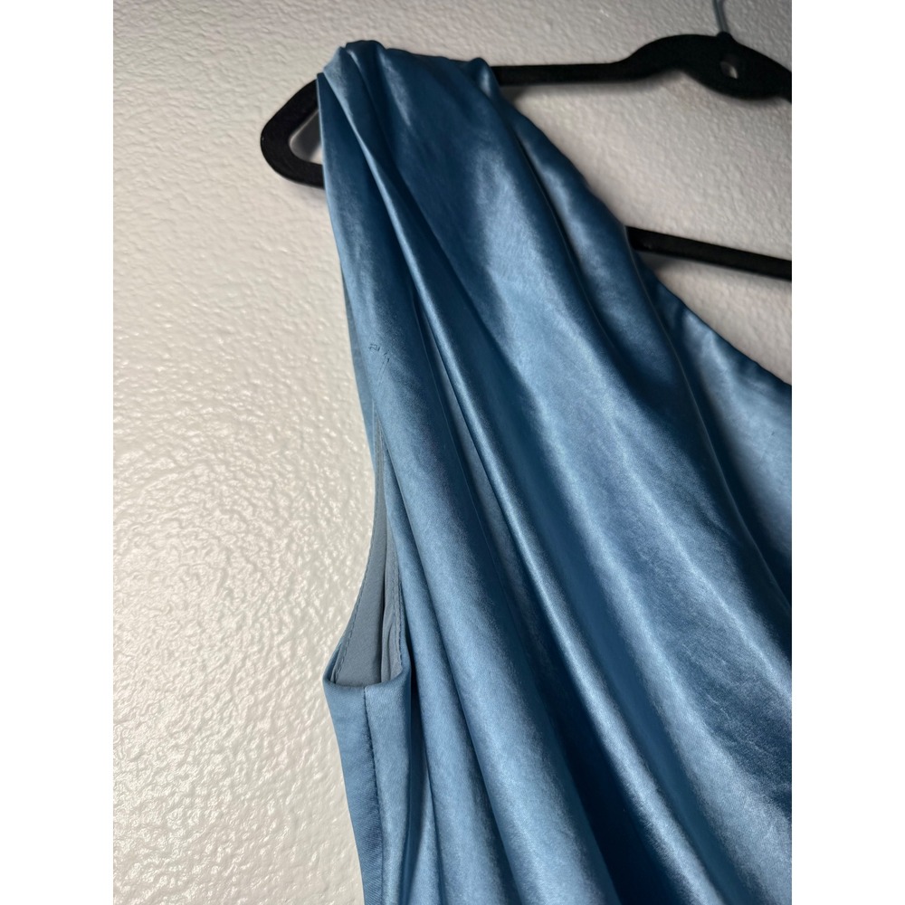 ELLIATT Reception Dress Dusty Blue One Shoulder Satin Ruched Midi Size L‎ - Picture 9 of 16